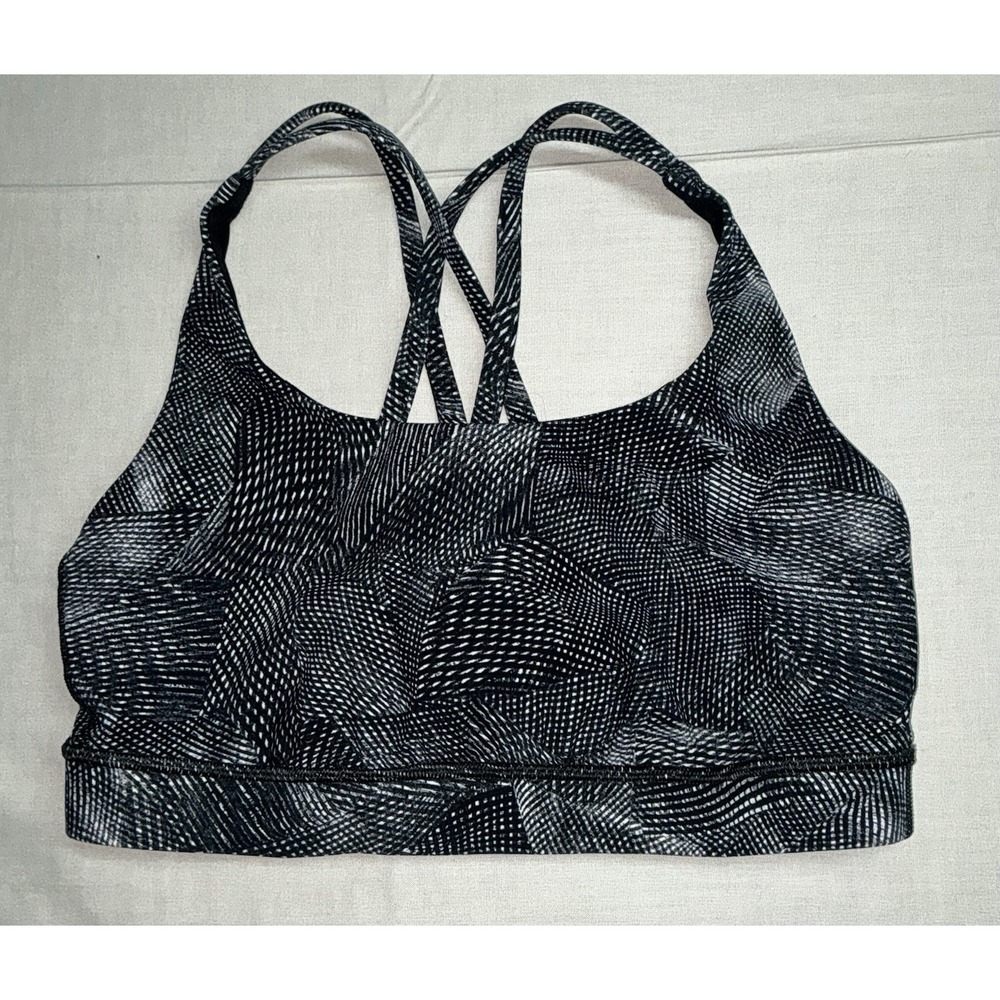 Lululemon Energy Bra Womens 8 Black Geometric Strappy Crossback Sports Bra